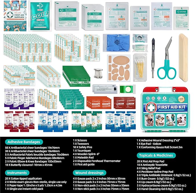 225 Pieces First Aid Kit, Includes Ice Pack, Adhesive Bandages, Wound Gauze Pads, Portable First Aid Bag for Home, Car, Business, Travel, Outdoor Emergency Medical Kits