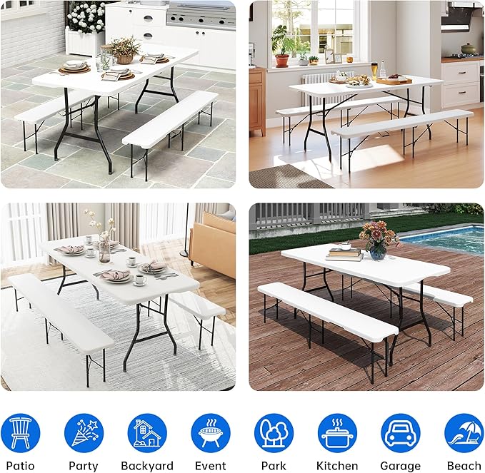 6 FT White Picnic Folding Table Set with 2 Benches, Portable Patio Dining Sets for Backyard, Lawn, Event, Party, Camping