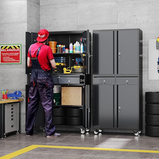 Garage Storage Cabinet with Wheels and Doors,71" H Metal Storage Cabinet with Pegboard and 2 Drawers for Garage, Warehouse,Home,Required Assembly,Black and Dark Grey