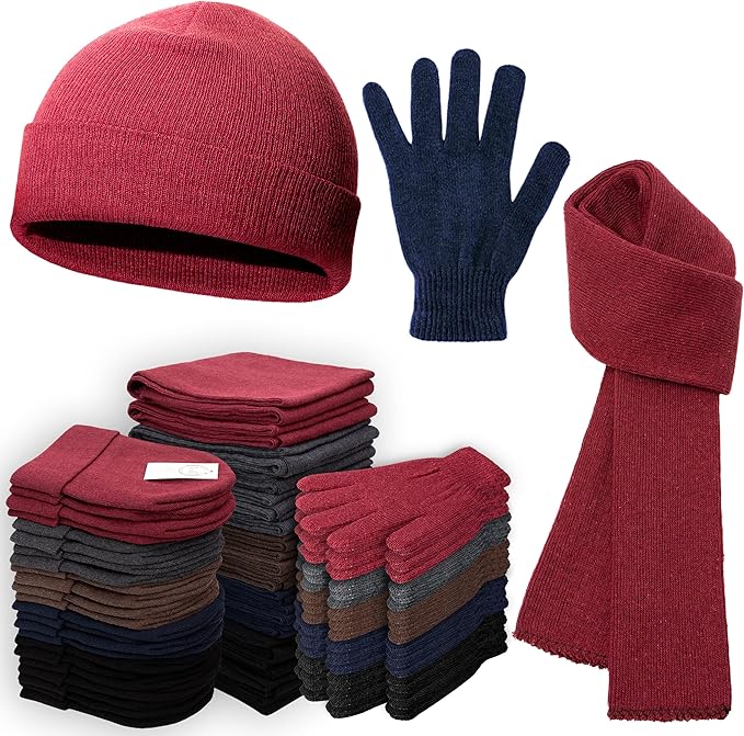 Moda West 72-Pack Gloves, Scarves, and Beanies - Bulk 24 Glove Pairs, 24 Scarves, 24 Beanies - Bulk Supplies for Cold Weather, Emergencies, Homeless, Charity
