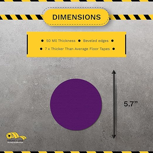 Mighty Line 5.7" Solid Dot Shaped Floor Marking Tape for Safety, Caution, Warning, Heavy-Duty, Peel and Stick, Adhesive Circle Spots, Industrial Quality, Purple, Pack of 100