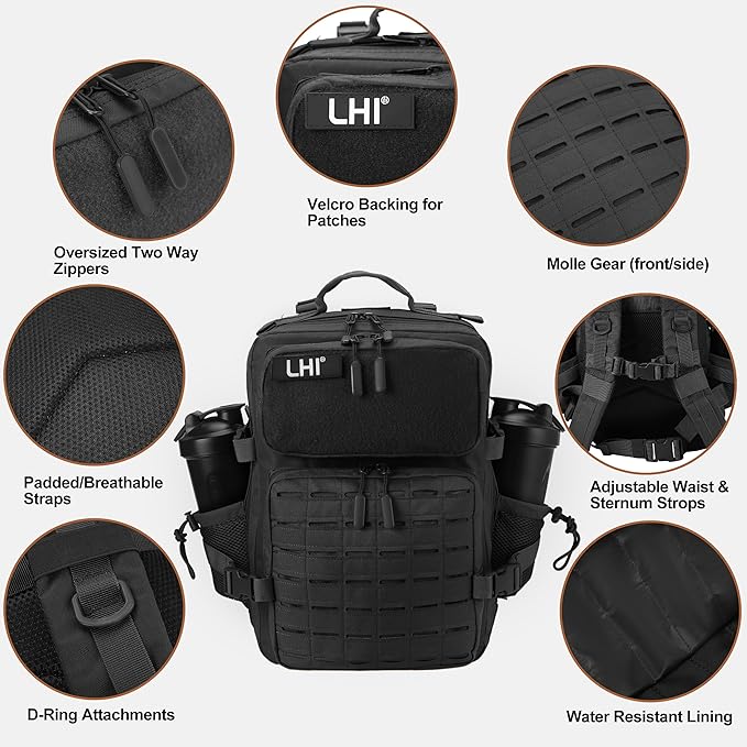 LHI Tactical Military Backpack for Men 25L/45L Large Molle Army Assault Pack 3 Day Hiking Rucksack With Bottle Holder