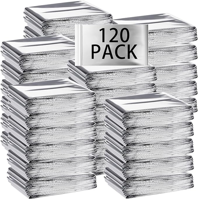 Macarrie 120 Pack Emergency Foil Thermal Blankets Silver Foil Survival Space Blanket Kit for Outdoors, Camping, Hiking, Homeless, Survival or First Aid, Silver