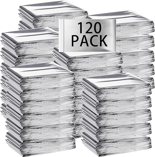 Macarrie 120 Pack Emergency Foil Thermal Blankets Silver Foil Survival Space Blanket Kit for Outdoors, Camping, Hiking, Homeless, Survival or First Aid, Silver