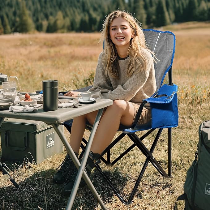 Oversized Padded Camping Chair, Heavy-Duty Steel Frame for 450 lbs Supports, Convenient 6-Can Cooler, Portable Carry Bag, Perfect for Outdoor, Beach, and Hiking (Gray & Sapphire Blue)