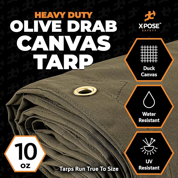 Xpose Safety Canvas Tarp - 10oz Olive Drab Canvas Tarps Heavy Duty Water Resistant with Brass Grommets- Multipurpose Outdoor Tarpaulin for Camping, Canopy, Trailer, Equipment Cover 10' x 16'