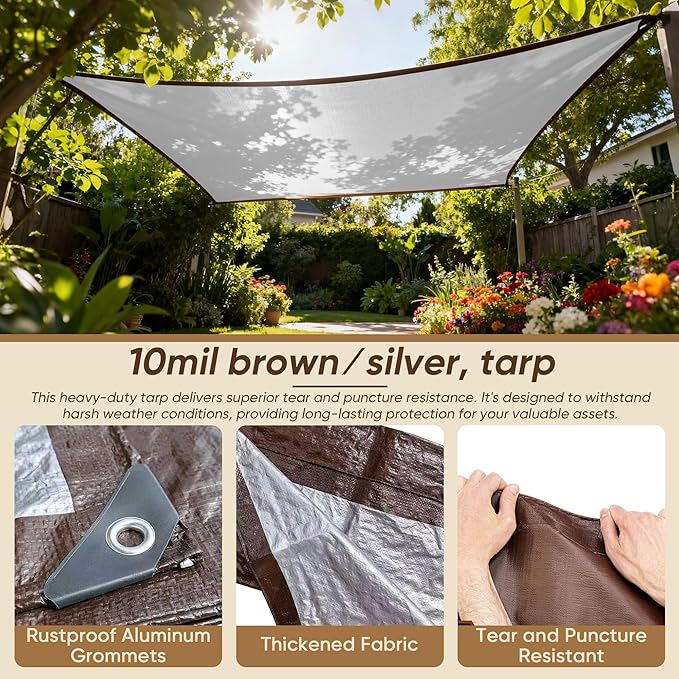 Heavy Duty Tarp 50'x100', 10 Mil Thick Waterproof Tear Resistant UV Treated with Grommets, Silver/Brown Reversible