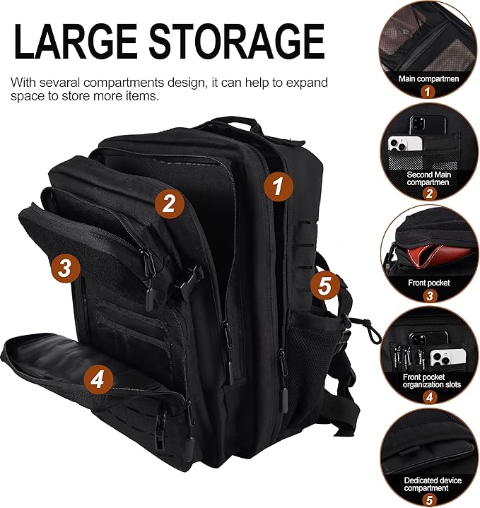 LHI Tactical Military Backpack for Men 25L/45L Large Molle Army Assault Pack 3 Day Hiking Rucksack With Bottle Holder