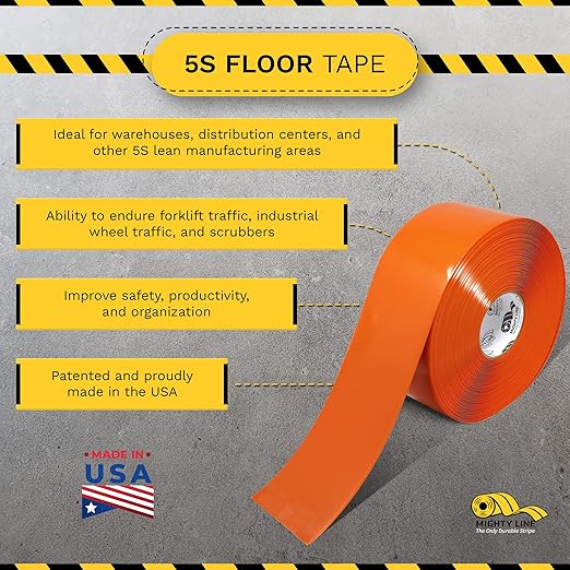 Mighty Line Solid Floor Marking Tape for Safety, Caution, Warning, Heavy-Duty, Peel and Stick Adhesive, Beveled Edge Design, Industrial Quality, 4 inch, 100' Roll, Orange