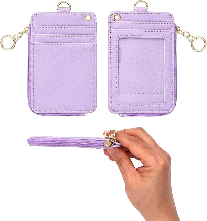 2-in-1 ID Badge Holder & Lanyard Wallet - Multi-Use Womens Small Wallet with Removable Wristlet & Neck Lanyard, Clear Window, 5 Card Slots, Phone Holder, Ring Keychain - Purple