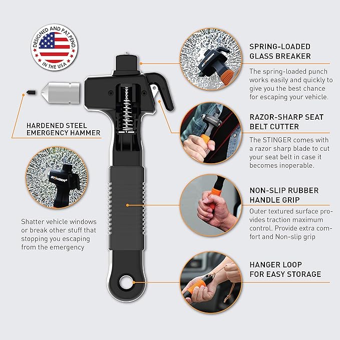 Stinger Super Duty Car Emergency Escape Tool - Hardened Carbon Steel Safety Hammer, Spring-Loaded Window Breaker, Razor-Sharp Seat Belt Cutter, Life-Saving Rescue Tool (Orange and Black)