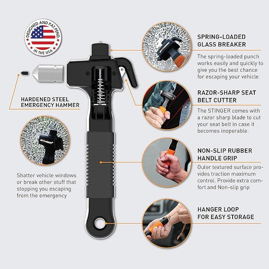 Stinger Super Duty Car Emergency Escape Tool, Hardened Carbon Steel Vehicle Safety Hammer, Spring Loaded Window Breaker, Razor Sharp Seat Belt Cutter, Auto Accident Life-Saving Rescue Tool (Black)