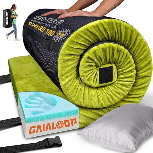 3 Inch Memory Foam Camping Mattress, Dual Layer Thick Sleeping Camp Pad for Car Tent Cot, Roll-Up Portable Glamping Floor Bed for Guests Sleepover