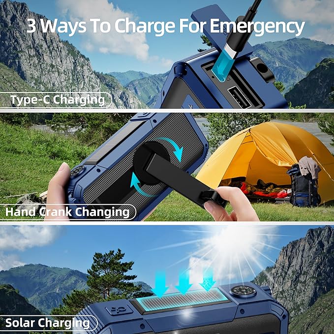 Emergency Weather Radio with IPX5 Waterproof Portable Bluetooth Speaker,USB-C Solar Hand Crank,NOAA Alarm AM FM Radio,Flashlight,SOS Alarm,2000mAh Cell Phone Charger for Camping Survival