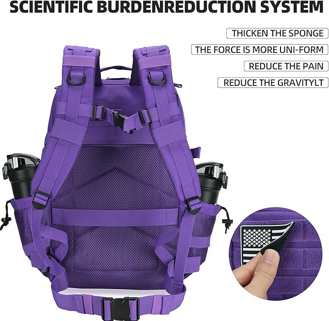 45L Tactical Assault Backpack 3 day assault pack with Molle Waterproof backpack Rucksack for Tactical Backpacks (Purple)