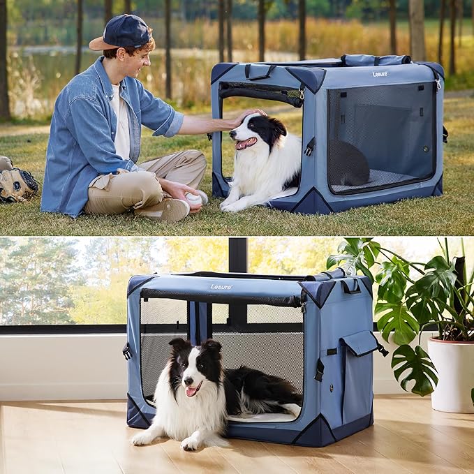 Lesure Collapsible Dog Crate - Portable Travel Kennel for Large Dog, 4-Door Pet Crate with Mesh Windows, Indoor & Outdoor, Blue