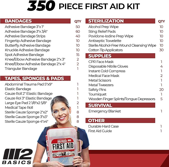 M2 BASICS Professional 350-Piece Emergency First Aid Kit for Car, Home, Office & Business – Organized Dual-Layer Hard Case, Wall-Mountable Medical Supply Organizer, OSHA Workplace Safety