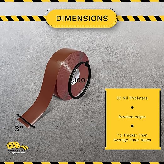 Mighty Line Solid Floor Marking Tape for Safety, Caution, Warning, Heavy-Duty, Peel and Stick Adhesive, Beveled Edge Design, Industrial Quality, 3 inch, 100' Roll, Brown