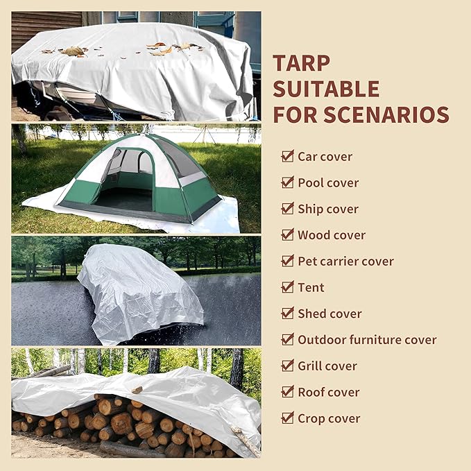 TARPAL 10'x20' (2-Pack) White Tarp Waterproof 7.5 mil Medium Duty All Purpose Poly Tarps Cover Waterproof,Snow Proof UV Protection,Rip and Tear Proof,Poly Tarpaulin