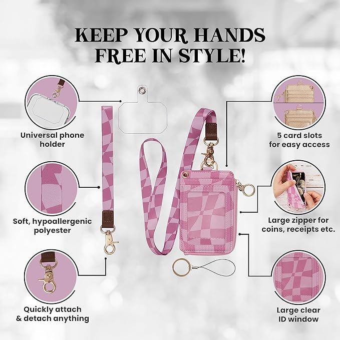 2-in-1 ID Badge Holder & Lanyard Wallet - Multi-Use Womens Small Wallet with Removable Wristlet & Neck Lanyard, Clear Window, 5 Card Slots, Phone Holder, Ring Keychain - Y2K Checker