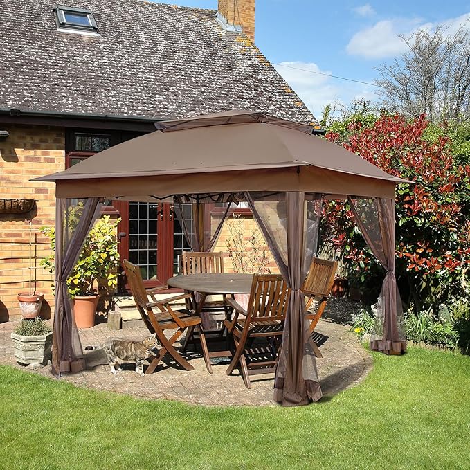 COOS BAY 11x11 Pop-Up Instant Gazebo Tent with Mosquito Netting Outdoor Canopy Shelter with 121 Square Feet of Shade (Brown)
