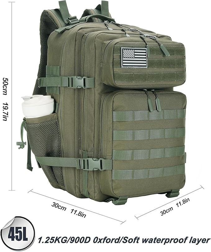 45L Tactical Assault Backpack 3 day assault pack with Molle Waterproof backpack Rucksack for Tactical Backpacks (Army green)