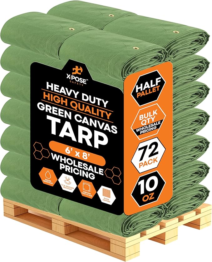 Xpose Safety 10oz Green Canvas Tarps 6' x 8' – Bulk Half Pallet (72 Packs) – Multipurpose Heavy Duty Water-Resistant Tarpaulin with Brass Grommets for Camping, Canopy & Equipment Protection
