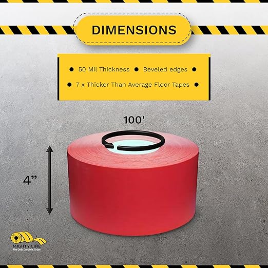 Mighty Line UltraLine Solid Floor Marking Tape for Safety, Caution, Warning, Heavy-Duty, Peel and Stick Adhesive, Beveled Edge Design, Industrial Quality, 4 Inch, 100' Roll, Red