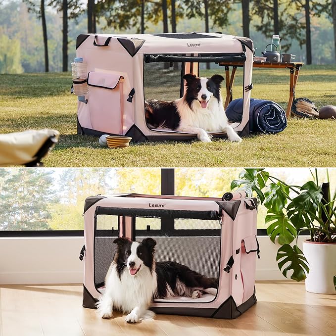 Lesure Collapsible Dog Crate - Portable Travel Kennel for Extra Large Dog, 4-Door Pet Crate with Mesh Windows, Indoor & Outdoor, Pink