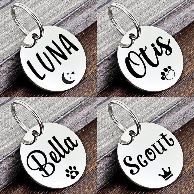 Ultra Joys Personalized Dog Tags for Pets - Durable Stainless Steel Customizable Dog Cat ID Tags - Dog Tags for Safety Optional Engraved on Both Sides -Round Shape Dog Tag Large Size, Silver