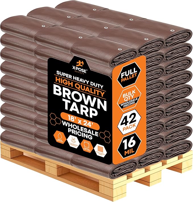 Super Heavy Duty Brown Poly Tarp 18' x 24' - Bulk Full Pallet (42 Pack) Thick Waterproof, UV Blocking Protective Cover - 16 Mil Thick Polyethylene - by Xpose Safety