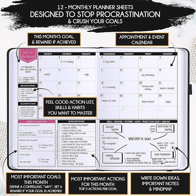Law of Attraction Planner – Undated Hourly, Weekly & Monthly Goal Setting Planner, 12-Month to Increase Productivity | Life & Gratitude Journal, Include Foldable Vision Board, Gift Box & Stickers