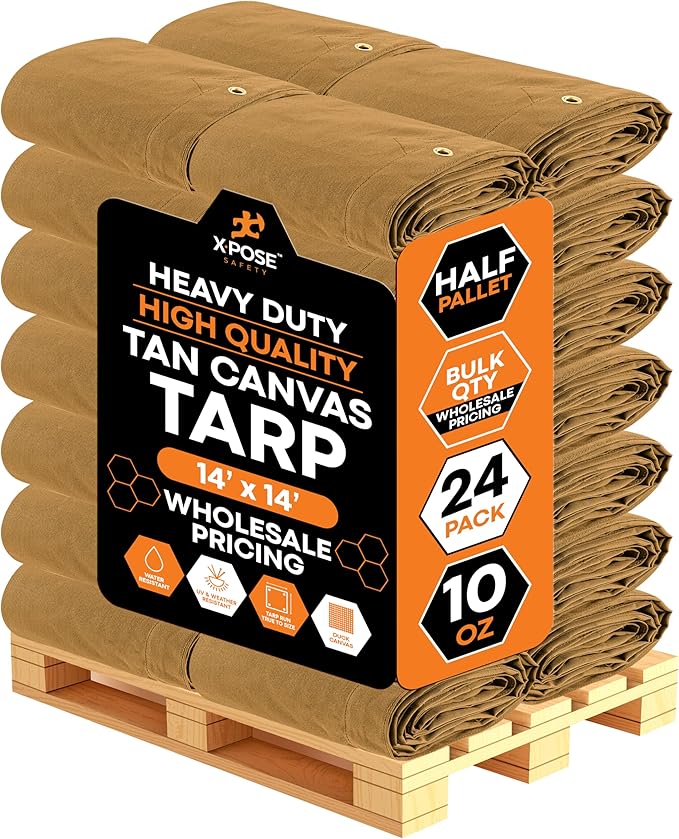 Xpose Safety 10oz Tan Canvas Tarps 14' x 14' – Bulk Half Pallet (24 Packs) – Multipurpose Heavy Duty Water-Resistant Tarpaulin with Brass Grommets for Camping, Canopy & Equipment Protection