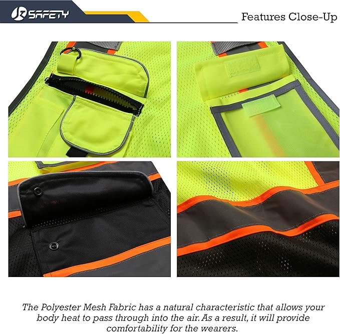 JKSafety 9 Pockets High Visibility Dual Color Zipper Front MESH Lite Safety Vest | Orange Color Triming Reflective Strip | ANSI/ISEA Standards (100-Yellow-Black, M)