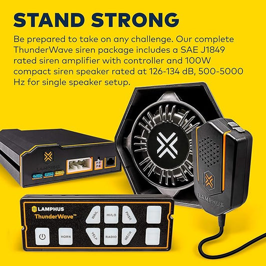 LAMPHUS ThunderWave 100W Emergency Police Siren Speaker Kit [Remote Control][2x15A Aux Light Switch][Hands-Free Air Horn][Radio Broadcast] 12V Warning PA System for Emergency Vehicle Pickup Truck UTV