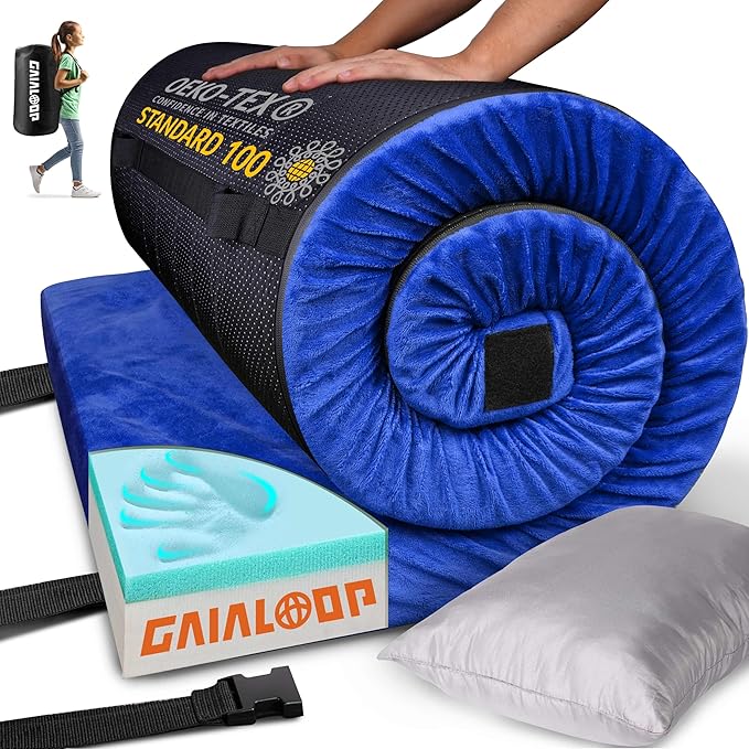 3 Inch Memory Foam Camping Mattress, Dual Layer Thick Sleeping Camp Pad for Car Tent Cot, Roll-Up Portable Glamping Floor Bed for Guests Sleepover