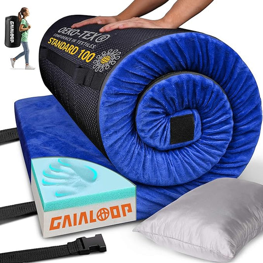 3 Inch Memory Foam Camping Mattress, Dual Layer Thick Sleeping Camp Pad for Car Tent Cot, Roll-Up Portable Glamping Floor Bed for Guests Sleepover