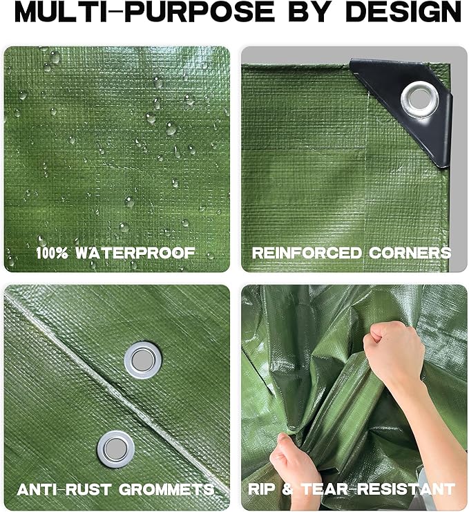 Heavy Duty Tarp 16' x 24' 9-mil Waterproof Poly Reinforced Tarp Cover Tent Shelter Camping Tarpaulin with Grommets Forest Green