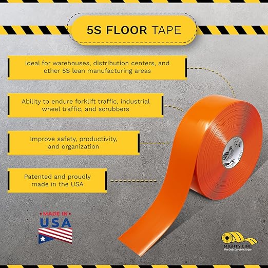 Mighty Line Solid Floor Marking Tape for Safety, Caution, Warning, Heavy-Duty, Peel and Stick Adhesive, Beveled Edge Design, Industrial Quality, 3 inch, 100' Roll, Orange