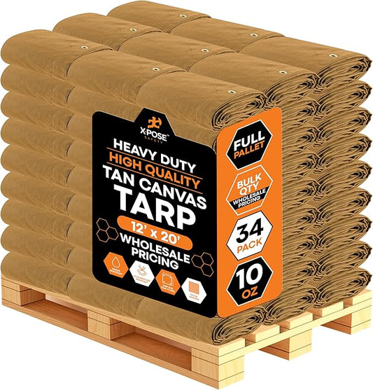 Xpose Safety 10oz Tan Canvas Tarps 12' x 20' – Bulk Full Pallet (34 Packs) – Multipurpose Heavy Duty Water-Resistant Tarpaulin with Brass Grommets for Camping, Canopy & Equipment Protection
