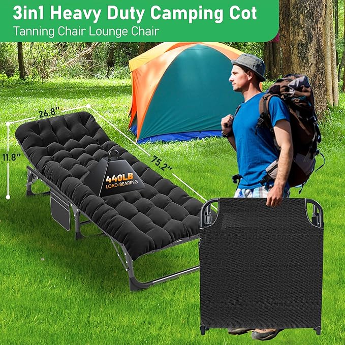 ABORON Patio Lounge Chair, Folding Guest Bed Cot for Adults, 500LB Heavy-Duty Capacity, Portable Extra Bed with Comfort Mat, Quick Fold Design for Indoor Guest Stays & Temporary Use