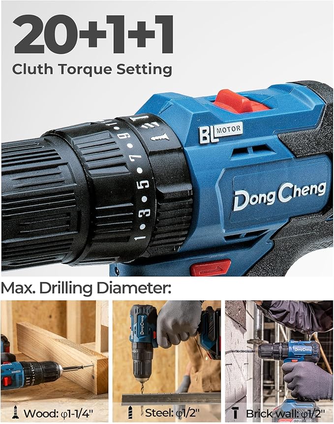 Dong Cheng 20V Brushless Heavy-duty Impact Drill, 443 in-lbs, 27000 BPM, 1/2" Keyless Metal Chuck, 20+1+1 Clutch, Cordless Hammer Drill for Drilling Brick Wall, Metal, Wood, Bare Tool