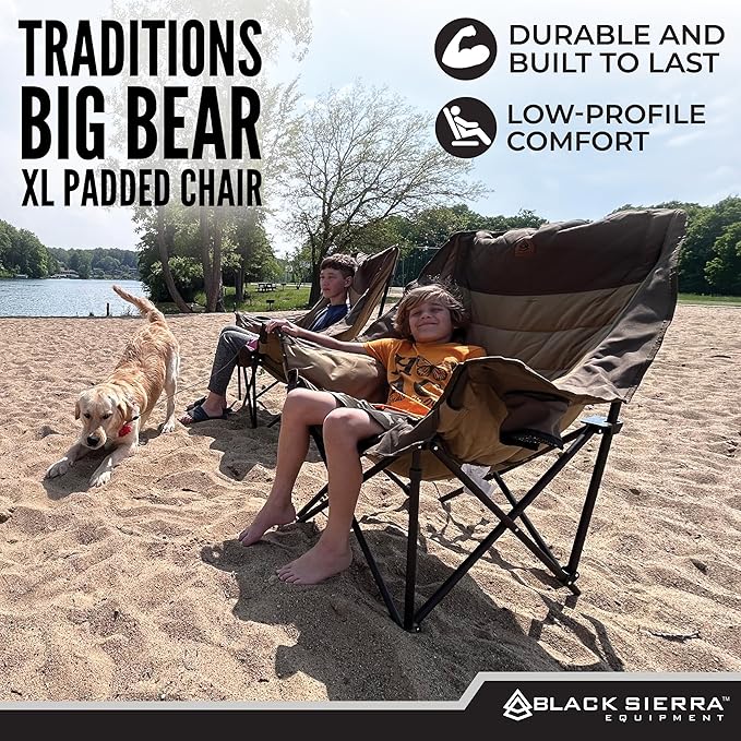 Black Sierra Deluxe Padded Camping Chair for Sports & Outdoors, Oversize XL Outdoor Folding Chair Supports 400 lbs, Heavy Duty Seat w/Dual Cup Holders/Carry Bag Perfect for RV, Tailgating, Glamping