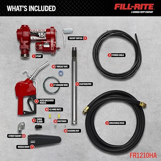 Fill-Rite FR1210HA 12V 15 GPM Fuel Transfer Pump with Discharge Hose & Automatic Nozzle, Red | Gasoline, Diesel, Kerosene, Ethanol & Methanol Blends & Biodiesel