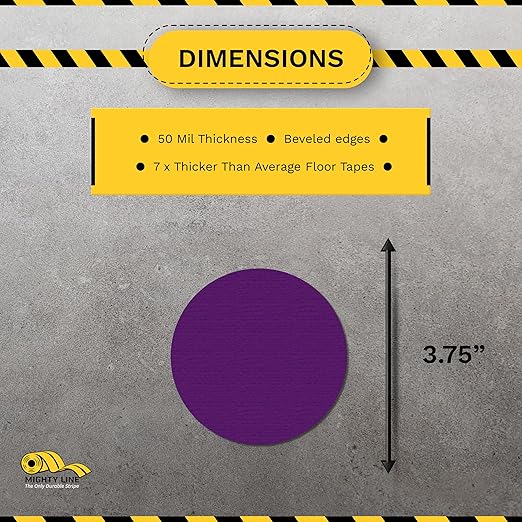 Mighty Line 3.75" Solid Dot Shaped Floor Marking Tape for Safety, Caution, Warning, Heavy-Duty, Peel and Stick, Adhesive Circle Spots, Industrial Quality, Purple, Pack of 100