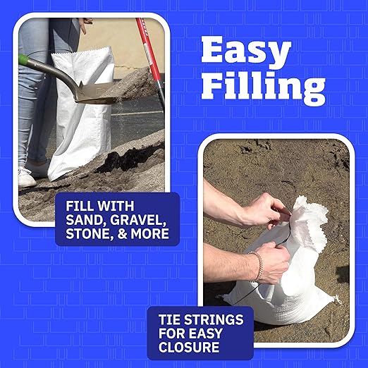 DURASACK Heavy Duty Sand Bags with Tie Strings Empty Woven Polypropylene Sandbags for Flood Control with 1600 Hours of UV Protection, 50 lbs Capacity, 14x26 inches, White, 12000 Count