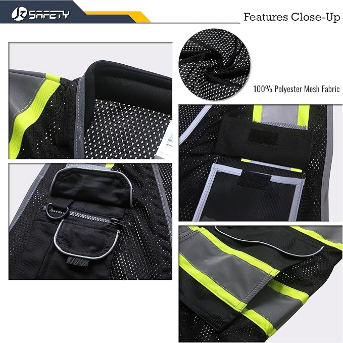 JKSafety 9 Pockets Hi-Vis Black Safety Vest for Men Women High Visibility Reflective Construction Mesh Fabric Cushioned Collar Work Utility PPE Work Gear ANSI/ISEA compliant(101-Black XXL)