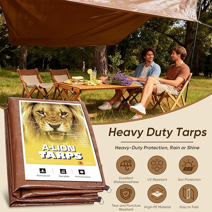 Heavy Duty Tarp 50'x100', 10 Mil Thick Waterproof Tear Resistant UV Treated with Grommets, Silver/Brown Reversible