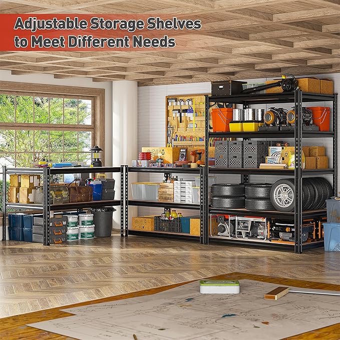 REIBII 2020LBS Storage Shelves 5 Tier Garage Shelving Heavy Duty, Adjustable Metal Shelving, Garage Shelves for Basement, Warehouse, Pantry, Closet, Kitchen 72" H x 35.55" W x 16" D, Black, 3 Pack