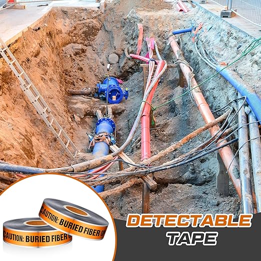 Pangda 2 Rolls 1000 Feet Detectable Safety Tape 5 Mil Underground Detectable Warning Tape for Construction Sites Road Repairs (Caution Buried Fiber Optic Line Below, 2 Inch, Orange)